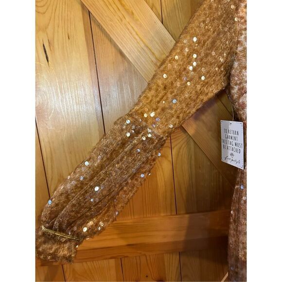 FREE PEOPLE Stars Align Mini Dress 4 Brown Golden Sequin Floral Embroidered nwt - Picture 5 of 14